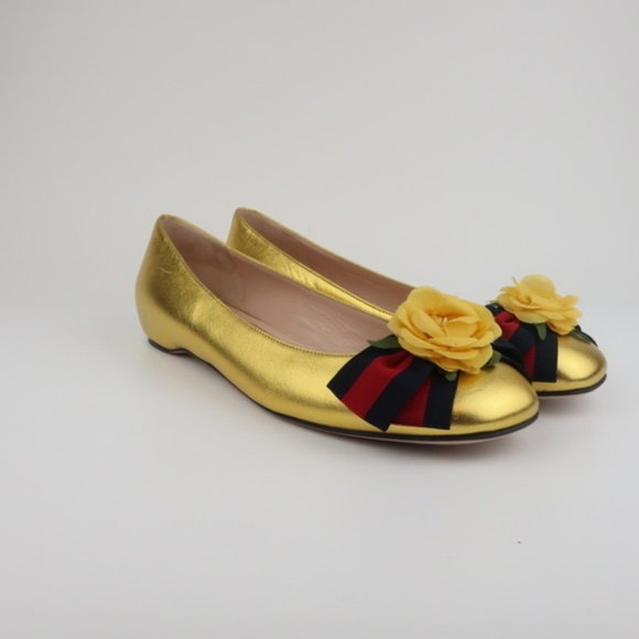Gucci Web Bow Rose Ballet Flats Gold Metallic - Picture 2 of 6